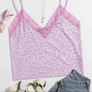 Shein pink cheetah print lace trim tank